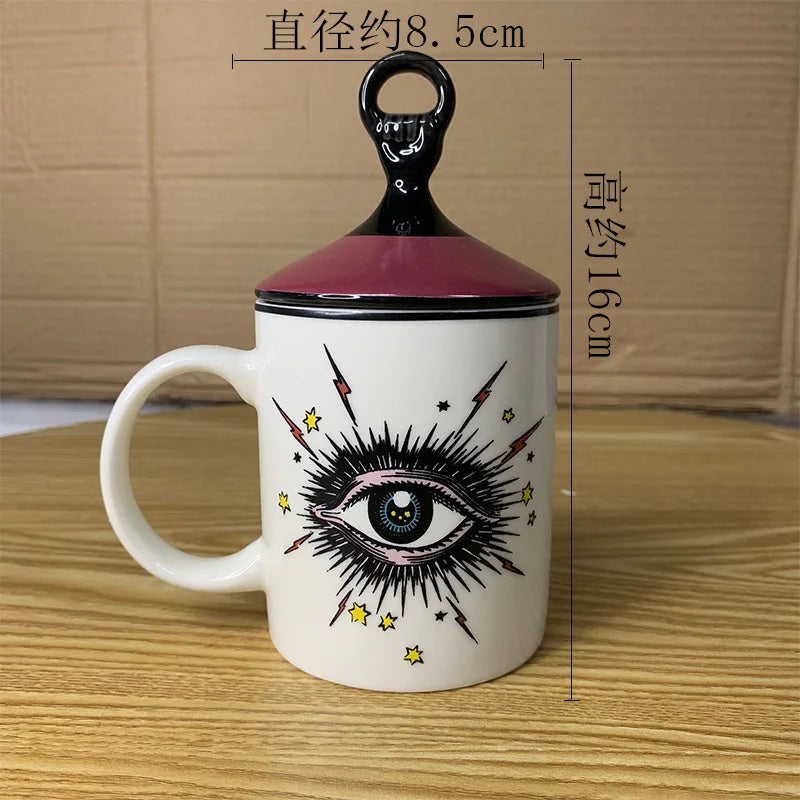 Copo de café cerâmico do olho abstrato com tampa, talheres, aromaterapia, vela, garrafa dos doces, criativo, decoração home