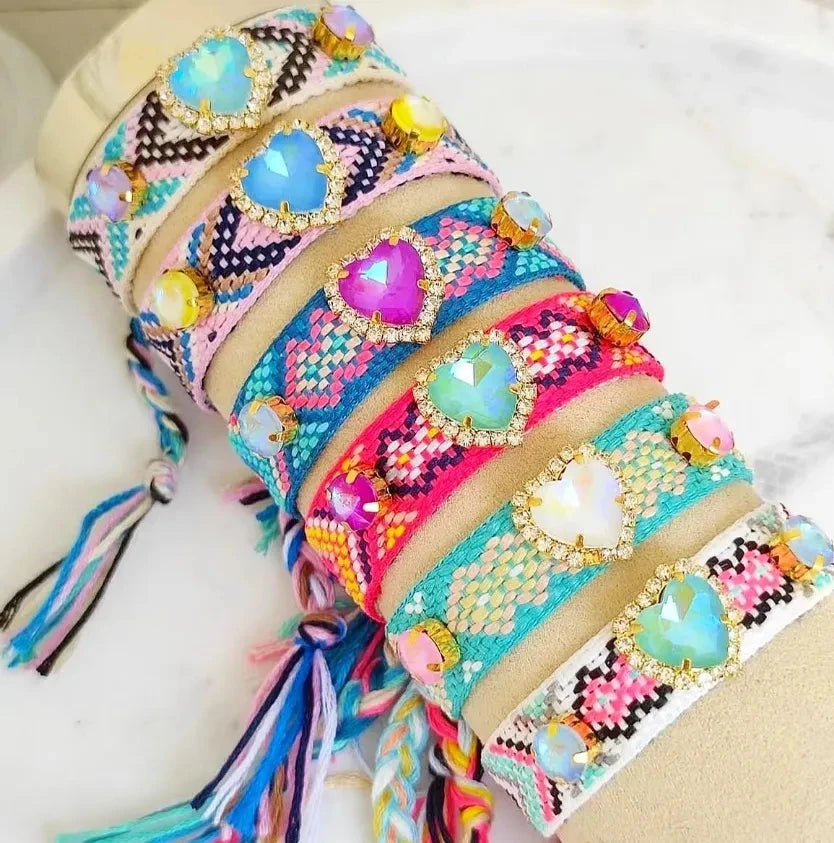 5 peças, coração cristal tecer pulseira amizade boêmio vintage corda de algodão corda étnica arco-íris boho tecido trançado pulseiras