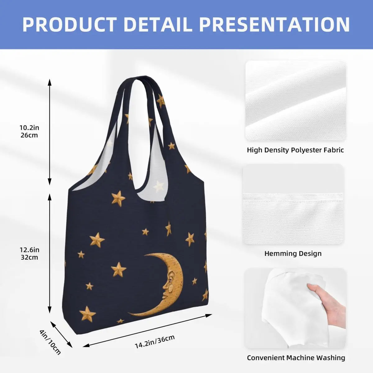 Lua Ouro Vintage e Estrelas Tote Saco De Compras, Impressão Kawaii Personalizado, Bolsa De Ombro Shopper Reutilizável Canvas